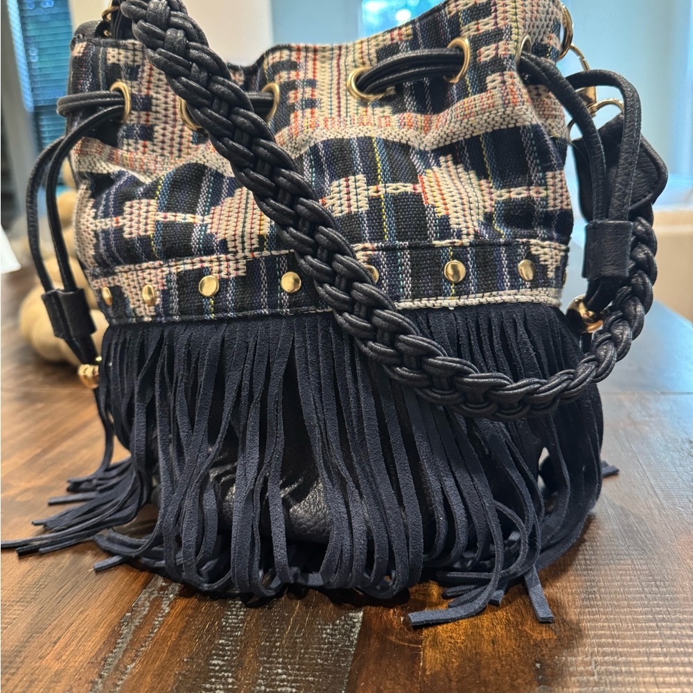 NWOT Boho Street Level Navy and Beige Fringe Shoulder Bag with braided strap!